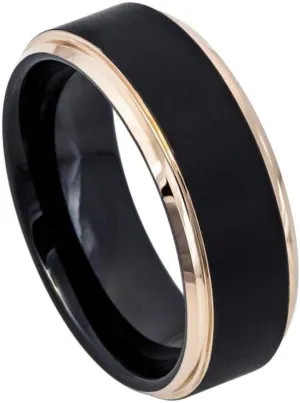 Personalized Laser Engraving Ring for Men and Ring for Women Tungsten Band Rings 8mm Two-Tone Black IP Rose Gold IP Brushed Center Stepped Edge Wedding Band Ring Ideal Rings for Couples