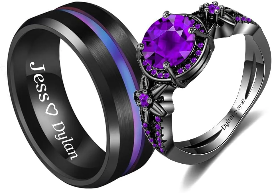 Personalized Matching Promise Rings for Couples Set with 2 Rings Wedding Rings Set for Him and Her Black and Purple CZ Engagement Rings for Women Custom Engraved Rings for Couples