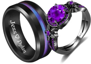 Personalized Matching Promise Rings for Couples Set with 2 Rings Wedding Rings Set for Him and Her Black and Purple CZ Engagement Rings for Women Custom Engraved Rings for Couples
