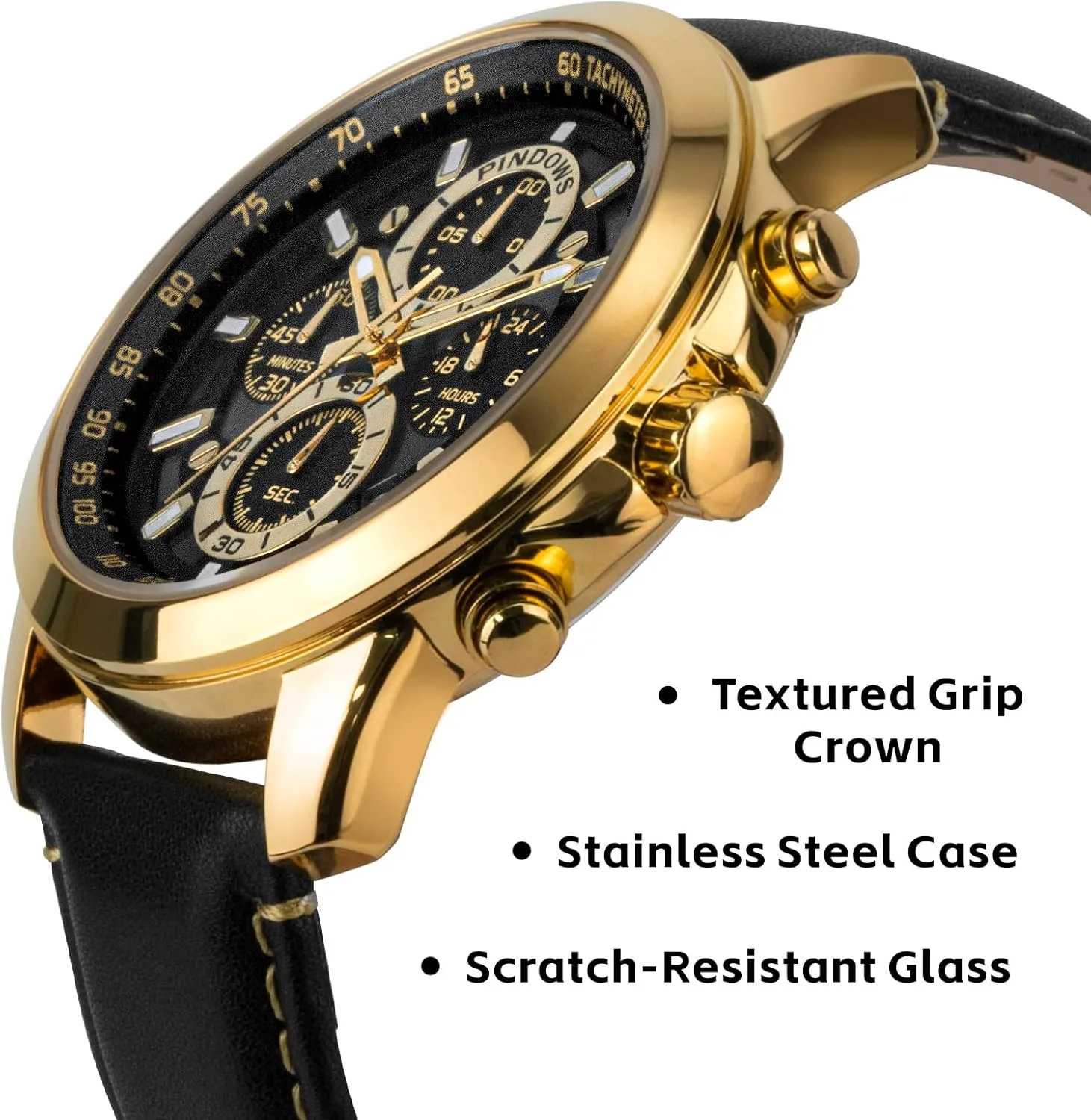 PINDOWS Watches for Men, Men's Analog Quartz Chronograph Watches Waterproof Business Casual Dress Watch with Black Brown Leather Strap