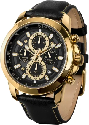 PINDOWS Watches for Men, Men's Analog Quartz Chronograph Watches Waterproof Business Casual Dress Watch with Black Brown Leather Strap