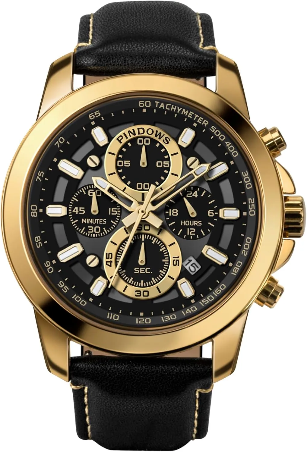 PINDOWS Watches for Men, Men's Analog Quartz Chronograph Watches Waterproof Business Casual Dress Watch with Black Brown Leather Strap