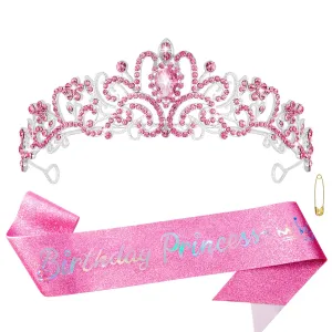 Pink Birthday Crown and Sash Set Birthday Girls Princess Tiara Queen Crowns Crystal Tiara Women Rhinestone Tiara Birthday Headband Happy Birthday Decorations Party Gifts