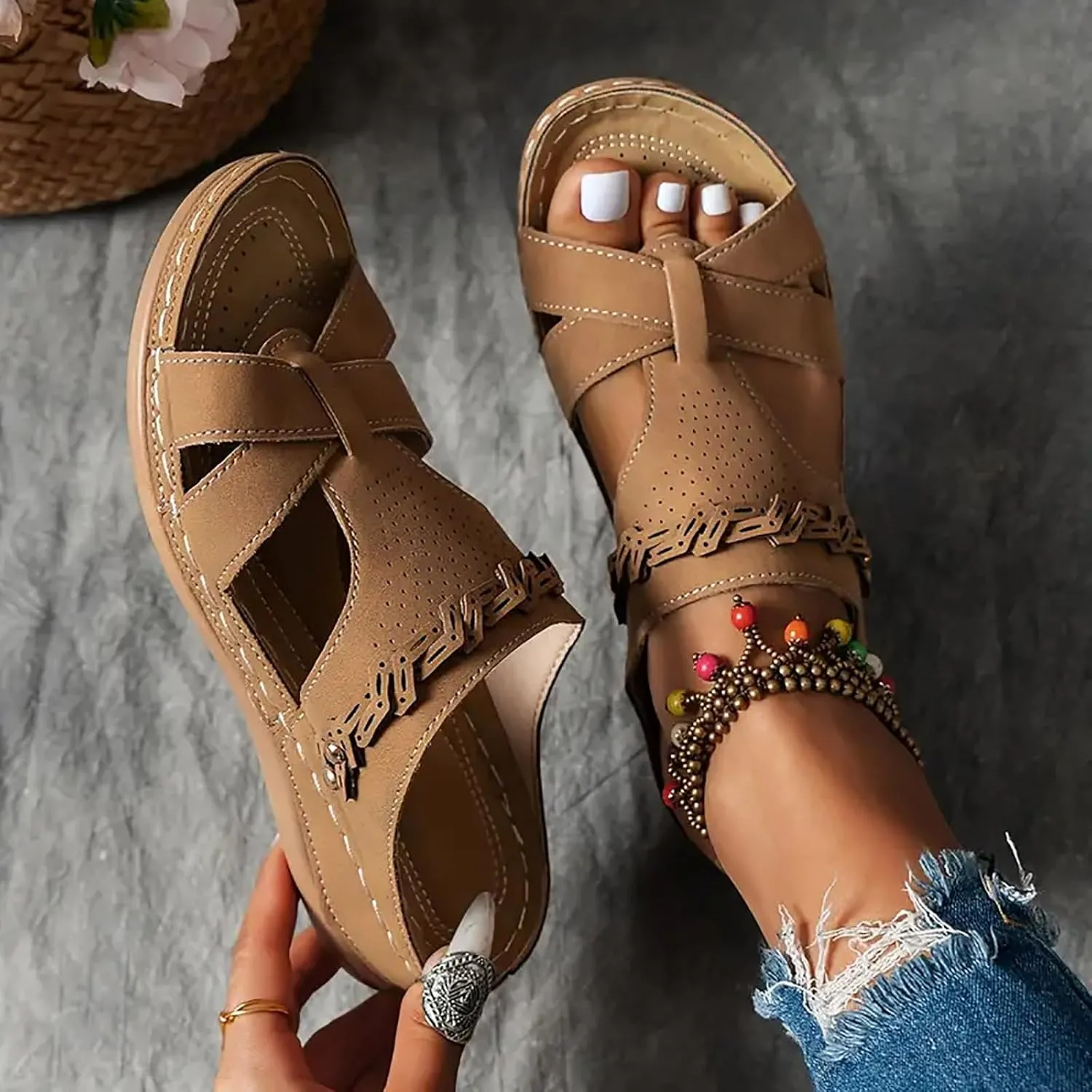 Platform Sandals Women Open Toe Comfort Yoga Mat Wedge Sandals Summer Trendy Thick Sole Slip on Platform Bohemian Shoes Dressy
