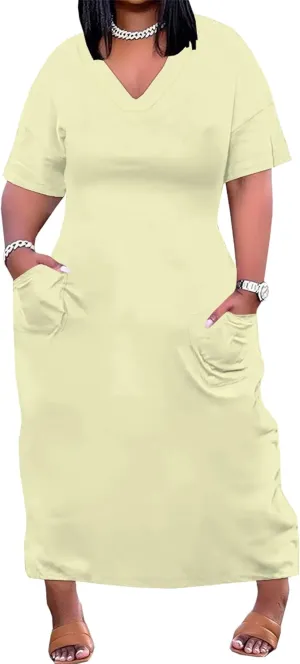 Plus Size Casual Loose Dress for Curvy Women Summer V Neck Short Sleeve T Shirt Loose Midi Dresses with Pockets