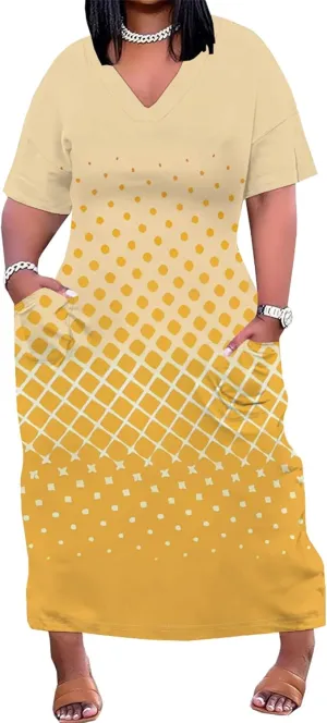 Plus Size Casual Loose Dress for Curvy Women Summer V Neck Short Sleeve T Shirt Loose Midi Dresses with Pockets