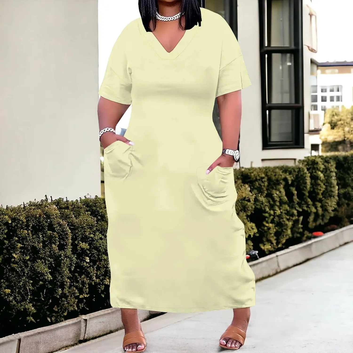 Plus Size Casual Loose Dress for Curvy Women Summer V Neck Short Sleeve T Shirt Loose Midi Dresses with Pockets