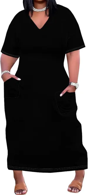 Plus Size Casual Loose Dress for Curvy Women Summer V Neck Short Sleeve T Shirt Loose Midi Dresses with Pockets