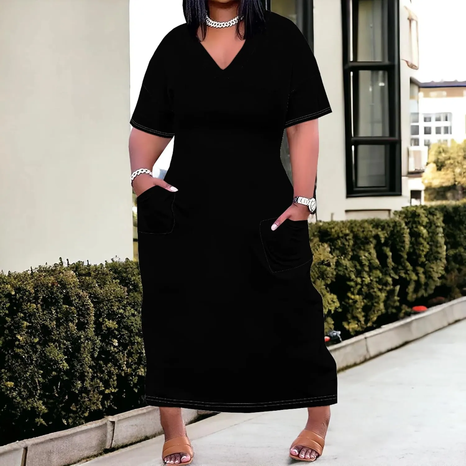 Plus Size Casual Loose Dress for Curvy Women Summer V Neck Short Sleeve T Shirt Loose Midi Dresses with Pockets