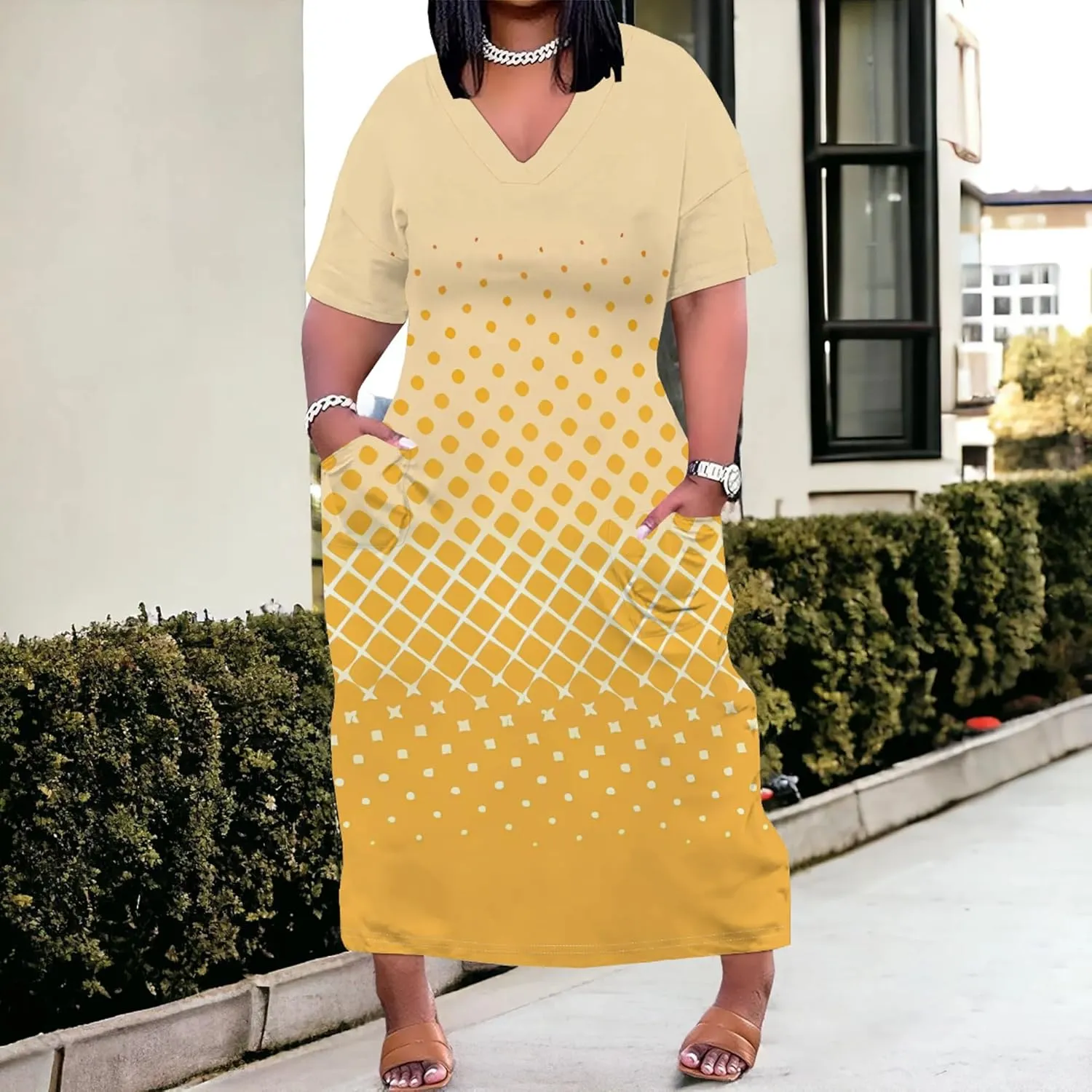 Plus Size Casual Loose Dress for Curvy Women Summer V Neck Short Sleeve T Shirt Loose Midi Dresses with Pockets