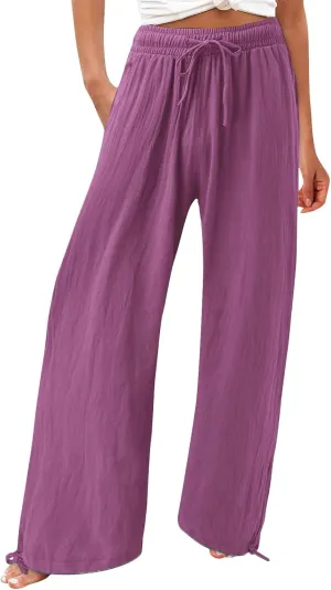 Plus Size Solid Relaxed Crinkle Pants Wide Leg Casual Summer High Waist Trousers Fashion Work Office Cropped Pant