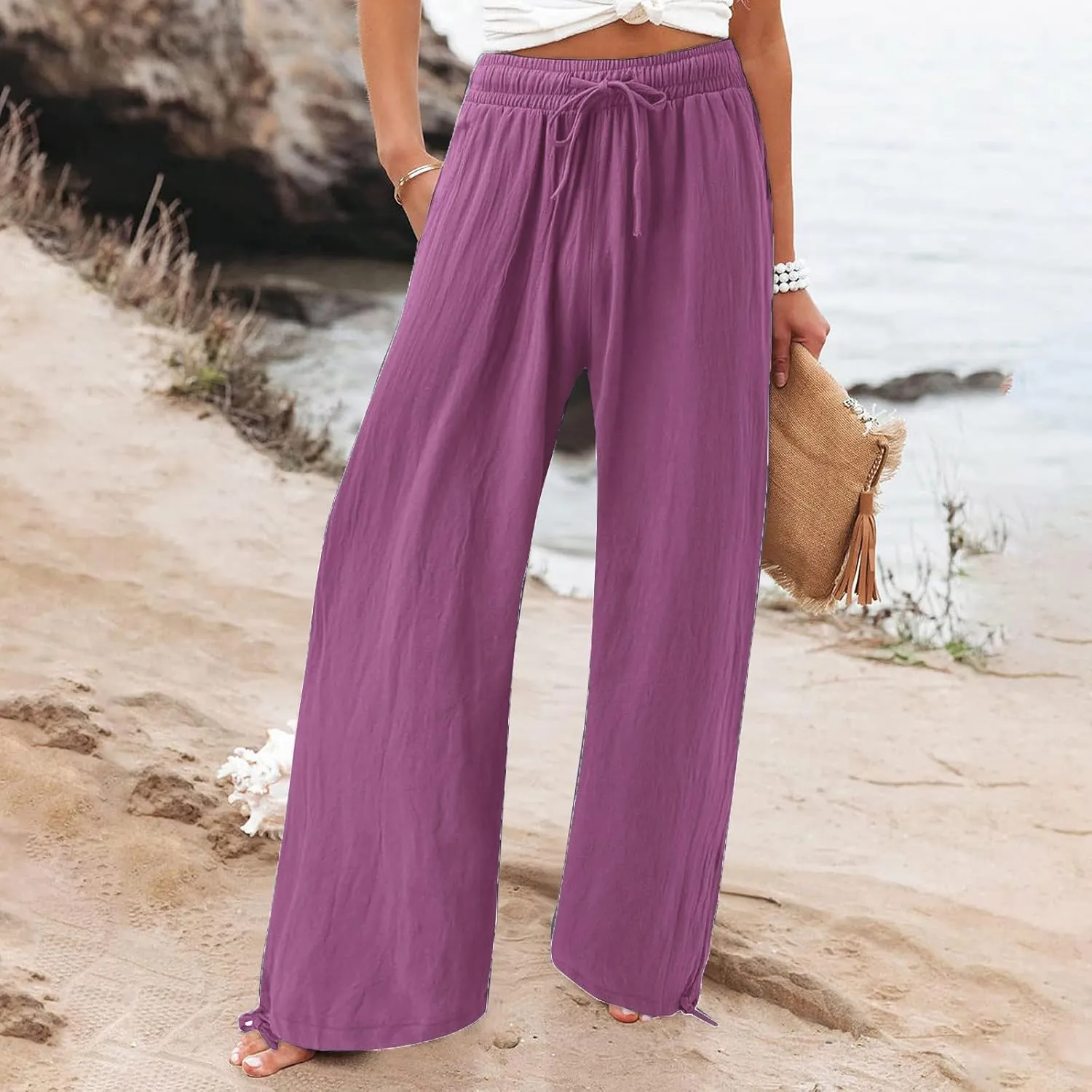 Plus Size Solid Relaxed Crinkle Pants Wide Leg Casual Summer High Waist Trousers Fashion Work Office Cropped Pant