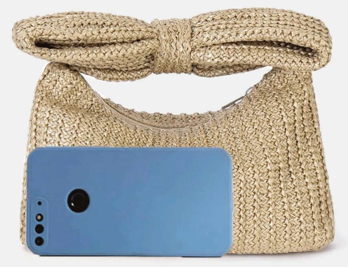 Pocadri Bow Straw Woven Purse for Women Handbag Summer Beach Evening Envelope Wallet Flap Phone Clutch Party Wedding