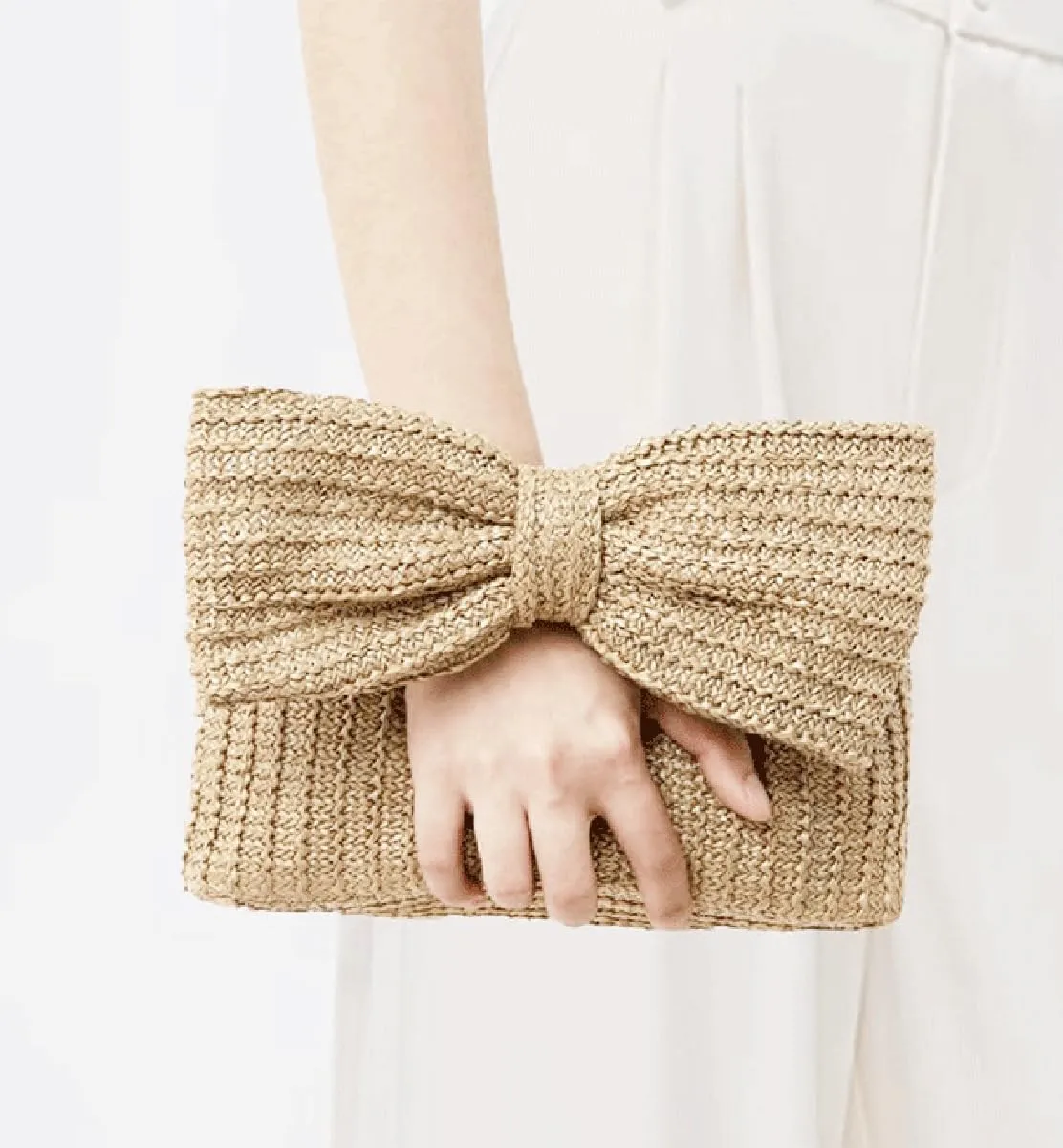 Pocadri Bow Straw Woven Purse for Women Handbag Summer Beach Evening Envelope Wallet Flap Phone Clutch Party Wedding