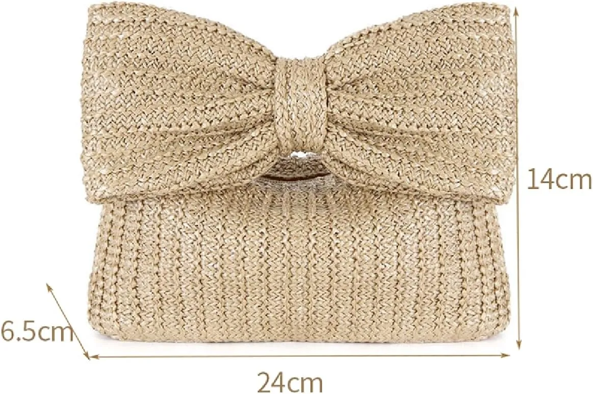 Pocadri Bow Straw Woven Purse for Women Handbag Summer Beach Evening Envelope Wallet Flap Phone Clutch Party Wedding