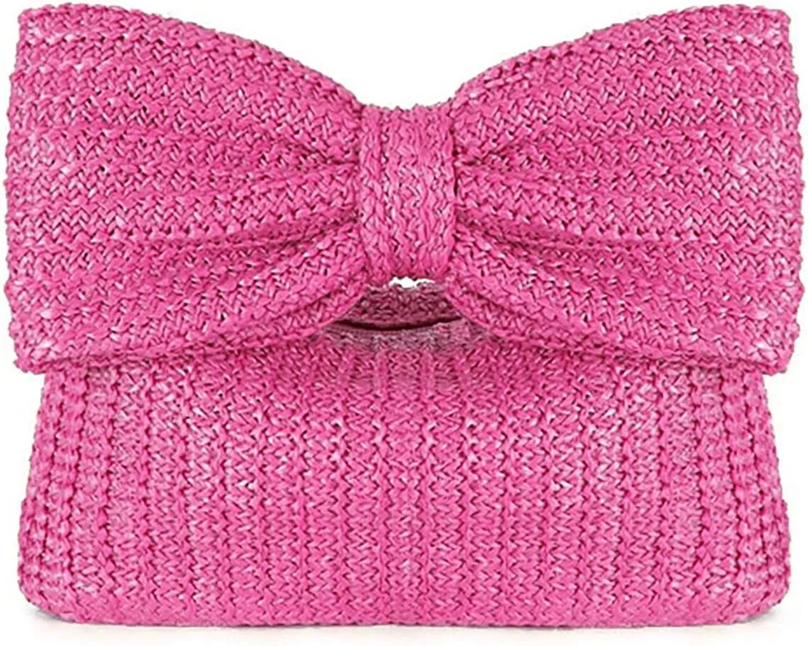 Pocadri Bow Straw Woven Purse for Women Handbag Summer Beach Evening Envelope Wallet Flap Phone Clutch Party Wedding