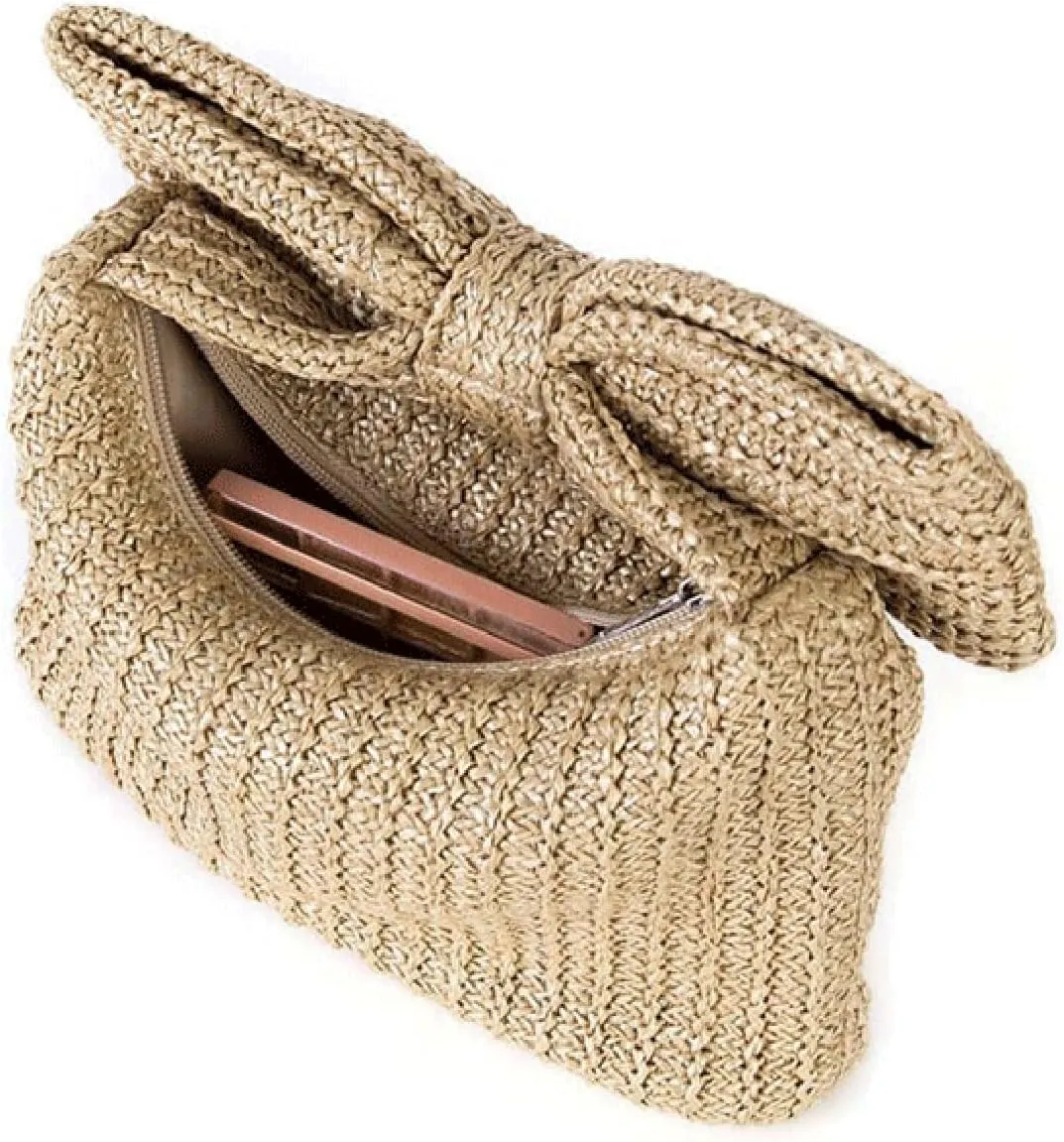 Pocadri Bow Straw Woven Purse for Women Handbag Summer Beach Evening Envelope Wallet Flap Phone Clutch Party Wedding