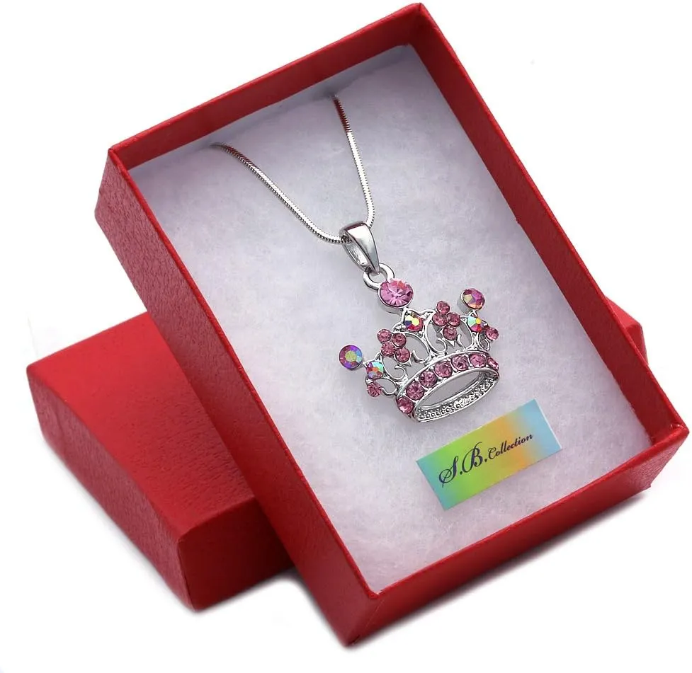 Princess Crown Tiara Pendant Necklace Pink Rhinestones Fashion Jewelry