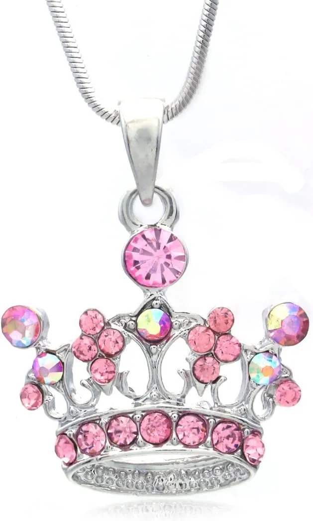 Princess Crown Tiara Pendant Necklace Pink Rhinestones Fashion Jewelry