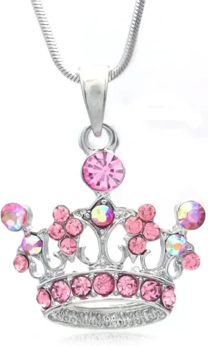Princess Crown Tiara Pendant Necklace Pink Rhinestones Fashion Jewelry