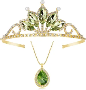 Princess Tiana Tiaras and Necklace for Women Green Princess Tiana Crown Birthday Halloween Party Princess Tiana Accessories
