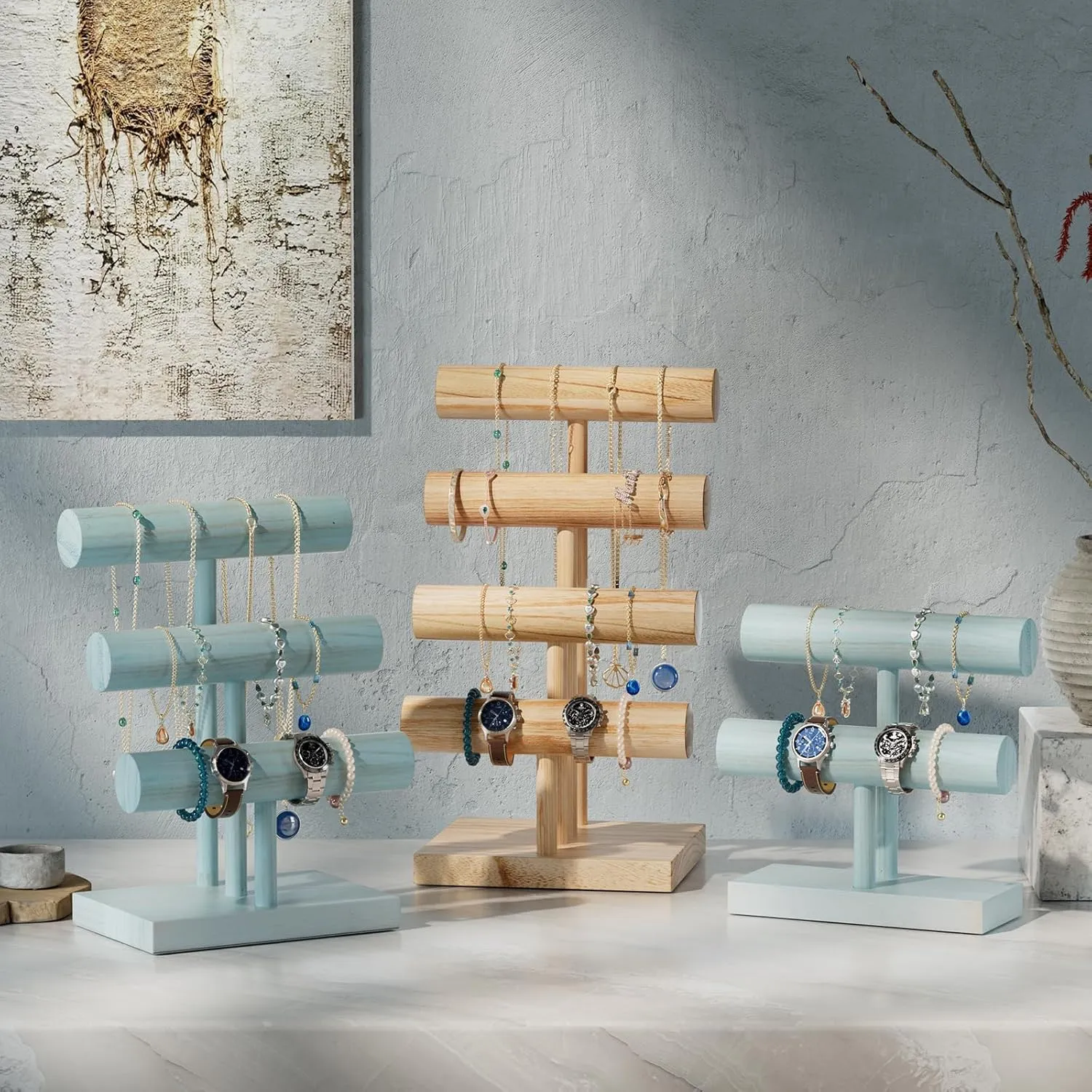 ProCase Bracelet Holder Display Bracelet Organizer, Wooden Bracelet Stand for Selling, T-bar Bangle Storage Rack Wood Watch Display Tower for Business - 2 Tier, Aqua