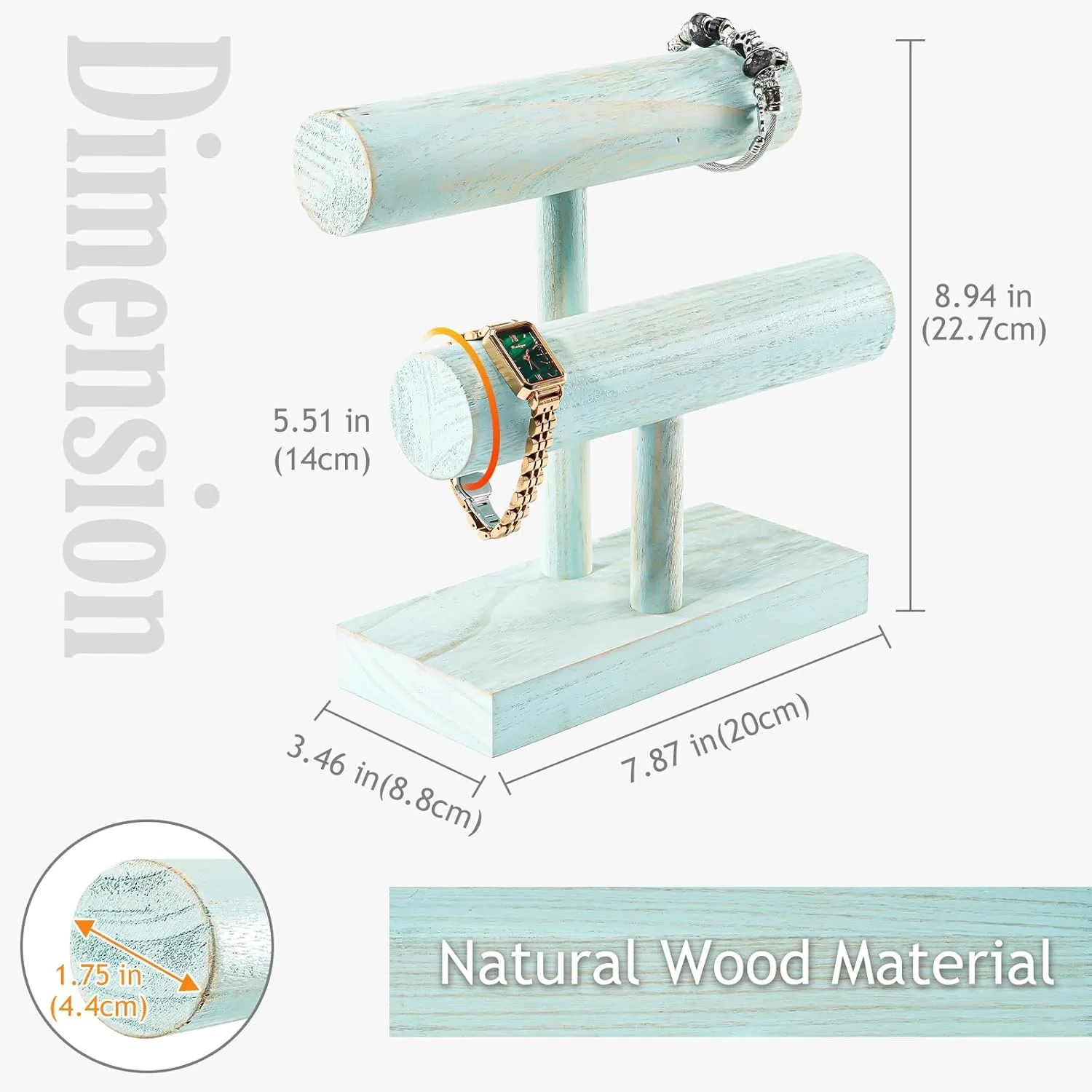 ProCase Bracelet Holder Display Bracelet Organizer, Wooden Bracelet Stand for Selling, T-bar Bangle Storage Rack Wood Watch Display Tower for Business - 2 Tier, Aqua