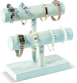 ProCase Bracelet Holder Display Bracelet Organizer, Wooden Bracelet Stand for Selling, T-bar Bangle Storage Rack Wood Watch Display Tower for Business - 2 Tier, Aqua
