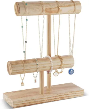 ProCase Bracelet Holder Display Bracelet Organizer, Wooden Bracelet Stand for Selling, T-bar Bangle Storage Rack Wood Watch Display Tower for Business - 2 Tier, Beige