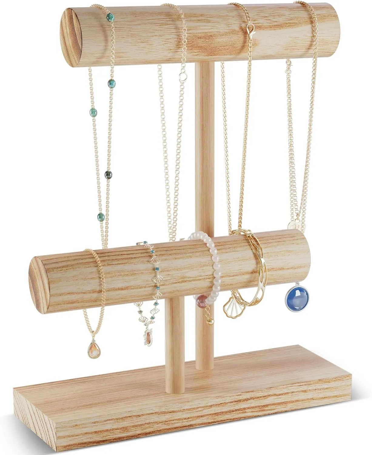 ProCase Bracelet Holder Display Bracelet Organizer, Wooden Bracelet Stand for Selling, T-bar Bangle Storage Rack Wood Watch Display Tower for Business - 2 Tier, Beige