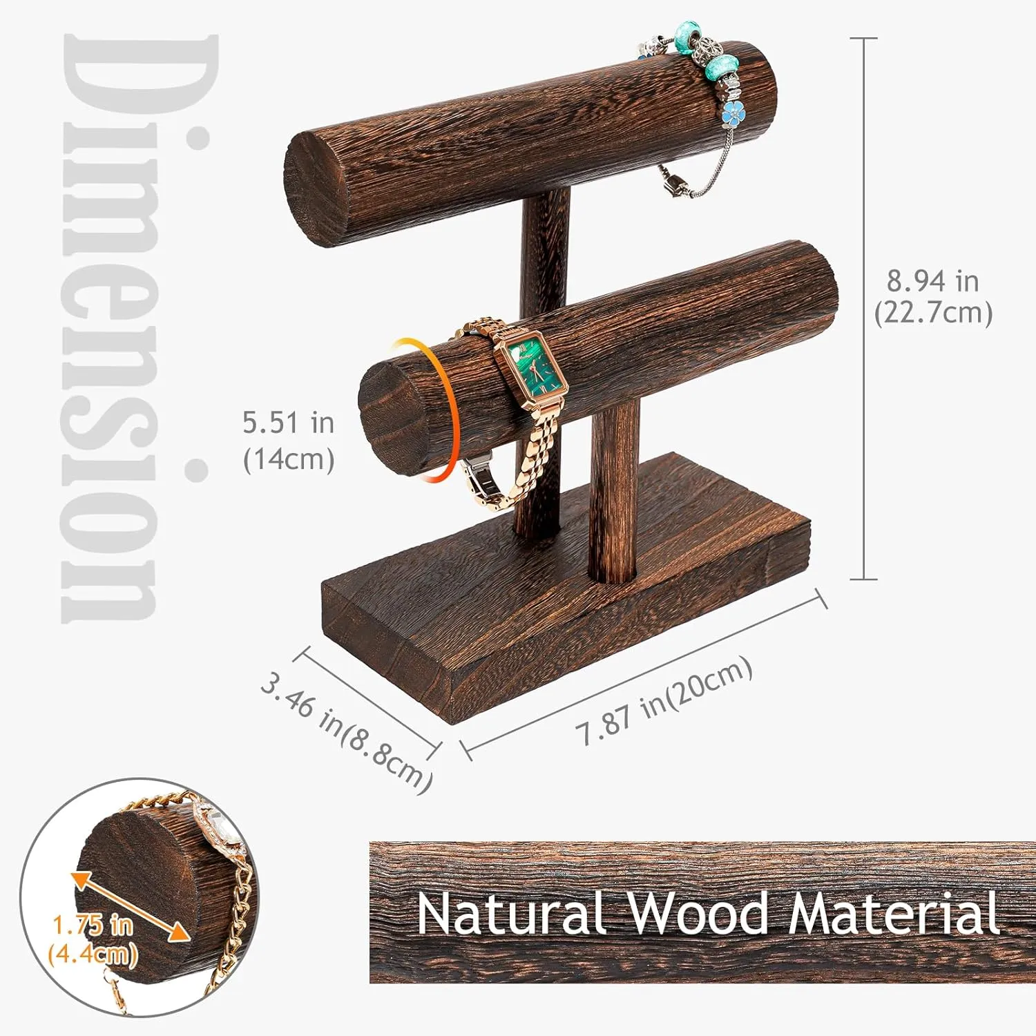 ProCase Bracelet Holder Display Bracelet Organizer, Wooden Bracelet Stand for Selling, T-bar Bangle Storage Rack Wood Watch Display Tower for Business - 2 Tier, Brown