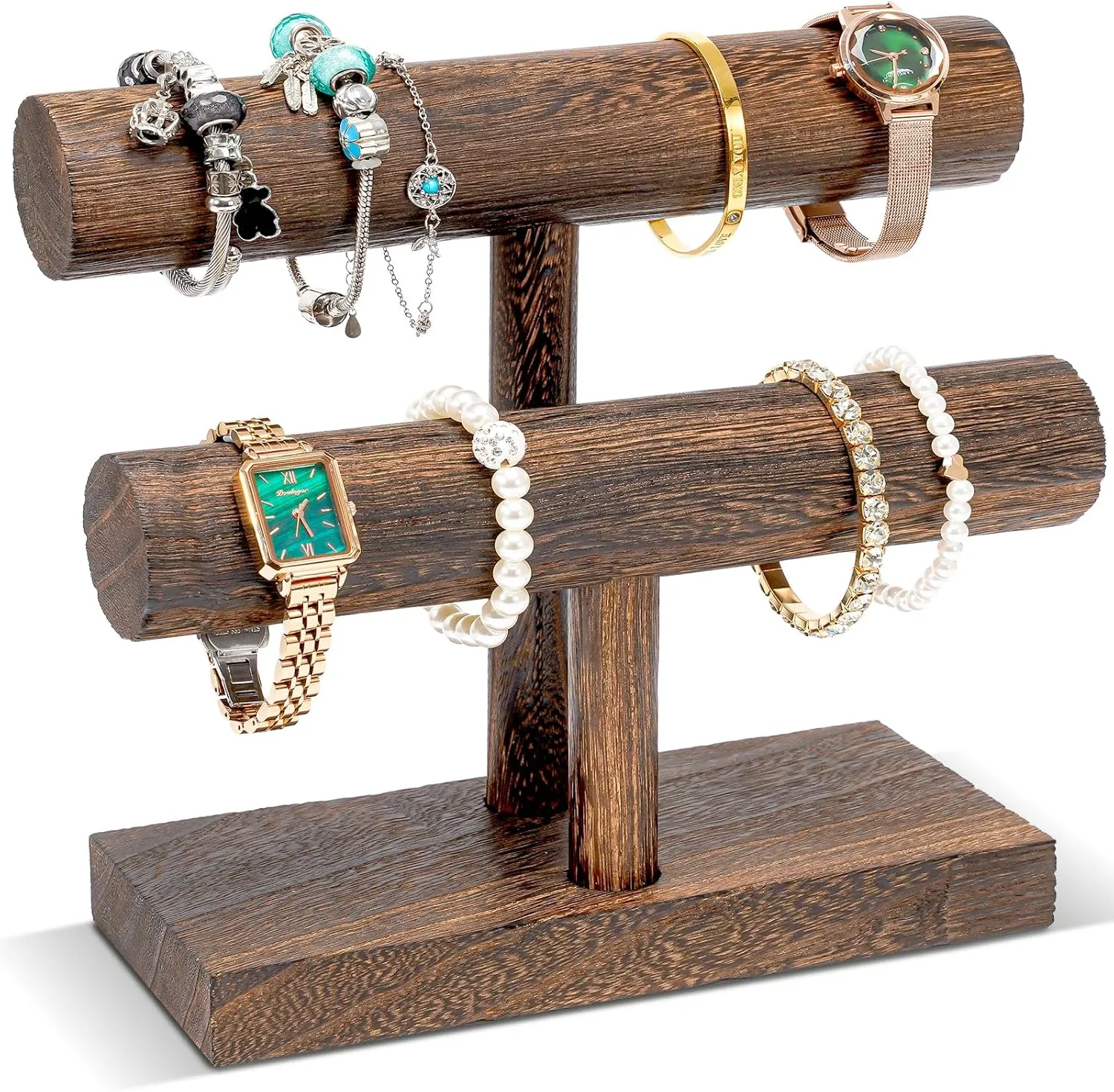ProCase Bracelet Holder Display Bracelet Organizer, Wooden Bracelet Stand for Selling, T-bar Bangle Storage Rack Wood Watch Display Tower for Business - 2 Tier, Brown