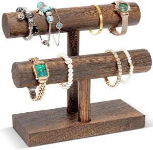 ProCase Bracelet Holder Display Bracelet Organizer, Wooden Bracelet Stand for Selling, T-bar Bangle Storage Rack Wood Watch Display Tower for Business - 2 Tier, Brown