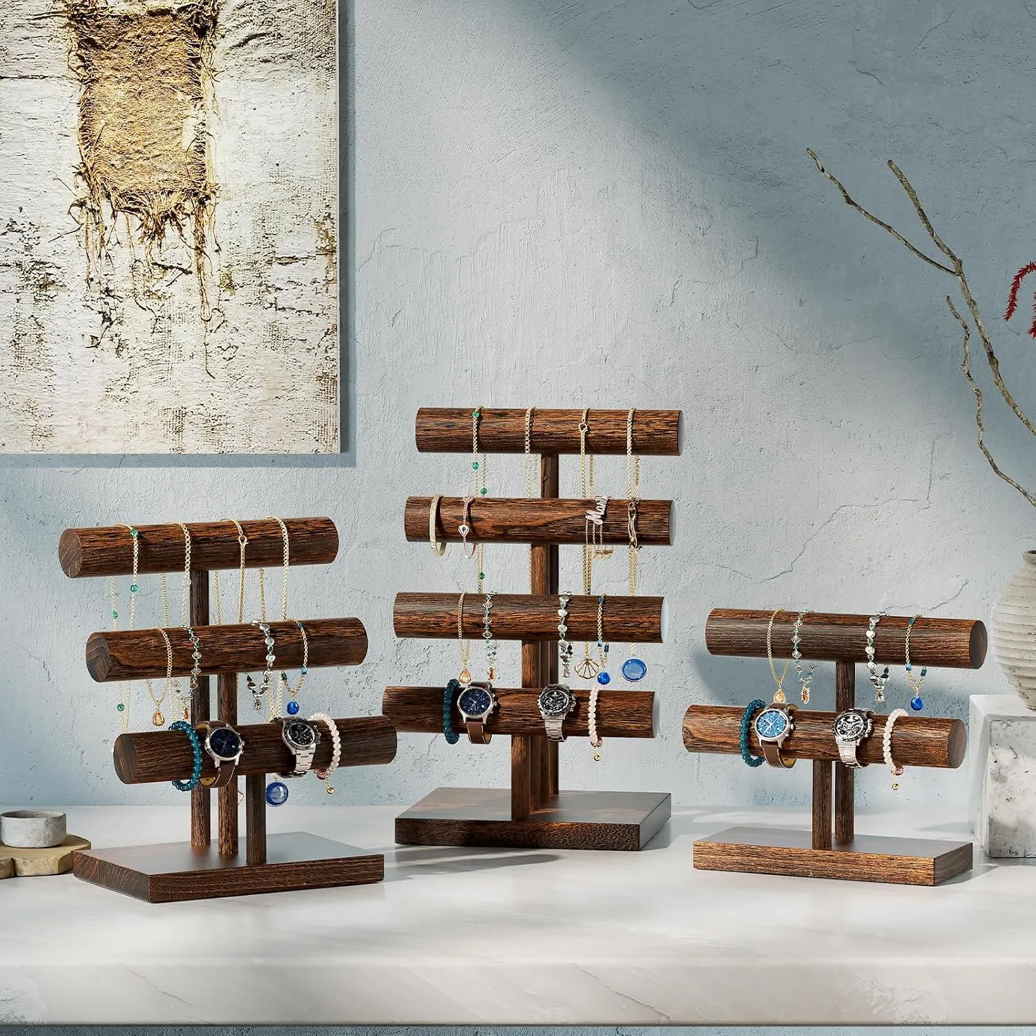 ProCase Bracelet Holder Display Bracelet Organizer, Wooden Bracelet Stand for Selling, T-bar Bangle Storage Rack Wood Watch Display Tower for Business - 2 Tier, Brown