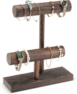 ProCase Bracelet Holder Display Bracelet Organizer, Wooden Bracelet Stand for Selling, T-bar Bangle Storage Rack Wood Watch Display Tower for Business - 2 Tier, Dark Brown