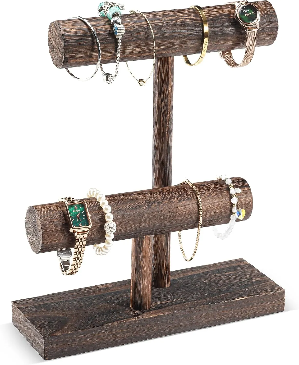 ProCase Bracelet Holder Display Bracelet Organizer, Wooden Bracelet Stand for Selling, T-bar Bangle Storage Rack Wood Watch Display Tower for Business - 2 Tier, Dark Brown