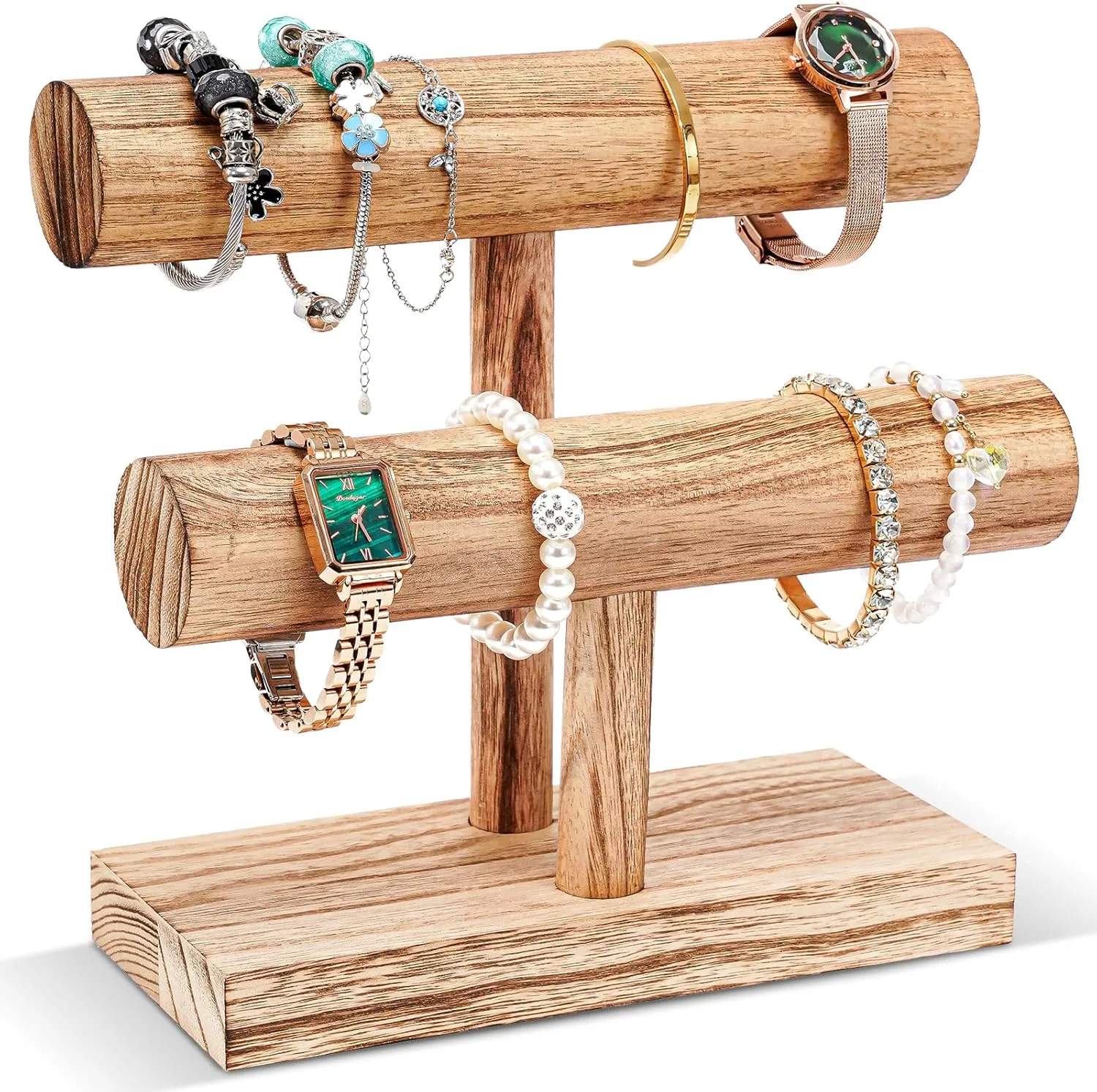 ProCase Bracelet Holder Display Bracelet Organizer, Wooden Bracelet Stand for Selling, T-bar Bangle Storage Rack Wood Watch Display Tower for Business - 2 Tier, Nature