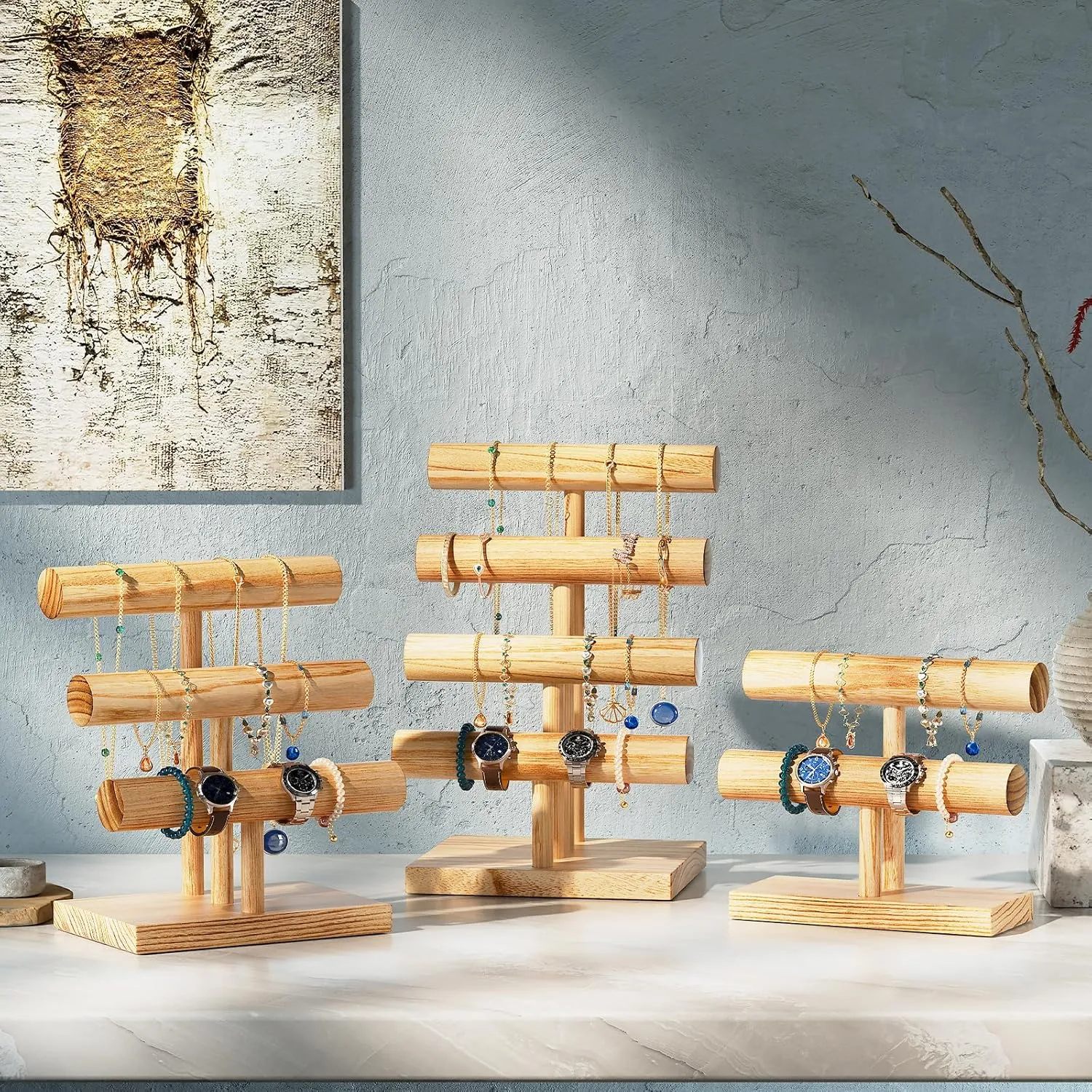 ProCase Bracelet Holder Display Bracelet Organizer, Wooden Bracelet Stand for Selling, T-bar Bangle Storage Rack Wood Watch Display Tower for Business - 2 Tier, Nature
