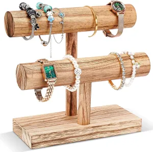 ProCase Bracelet Holder Display Bracelet Organizer, Wooden Bracelet Stand for Selling, T-bar Bangle Storage Rack Wood Watch Display Tower for Business - 2 Tier, Nature