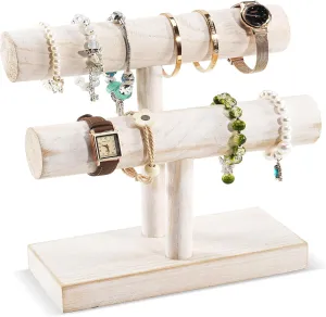 ProCase Bracelet Holder Display Bracelet Organizer, Wooden Bracelet Stand for Selling, T-bar Bangle Storage Rack Wood Watch Display Tower for Business - 2 Tier, White