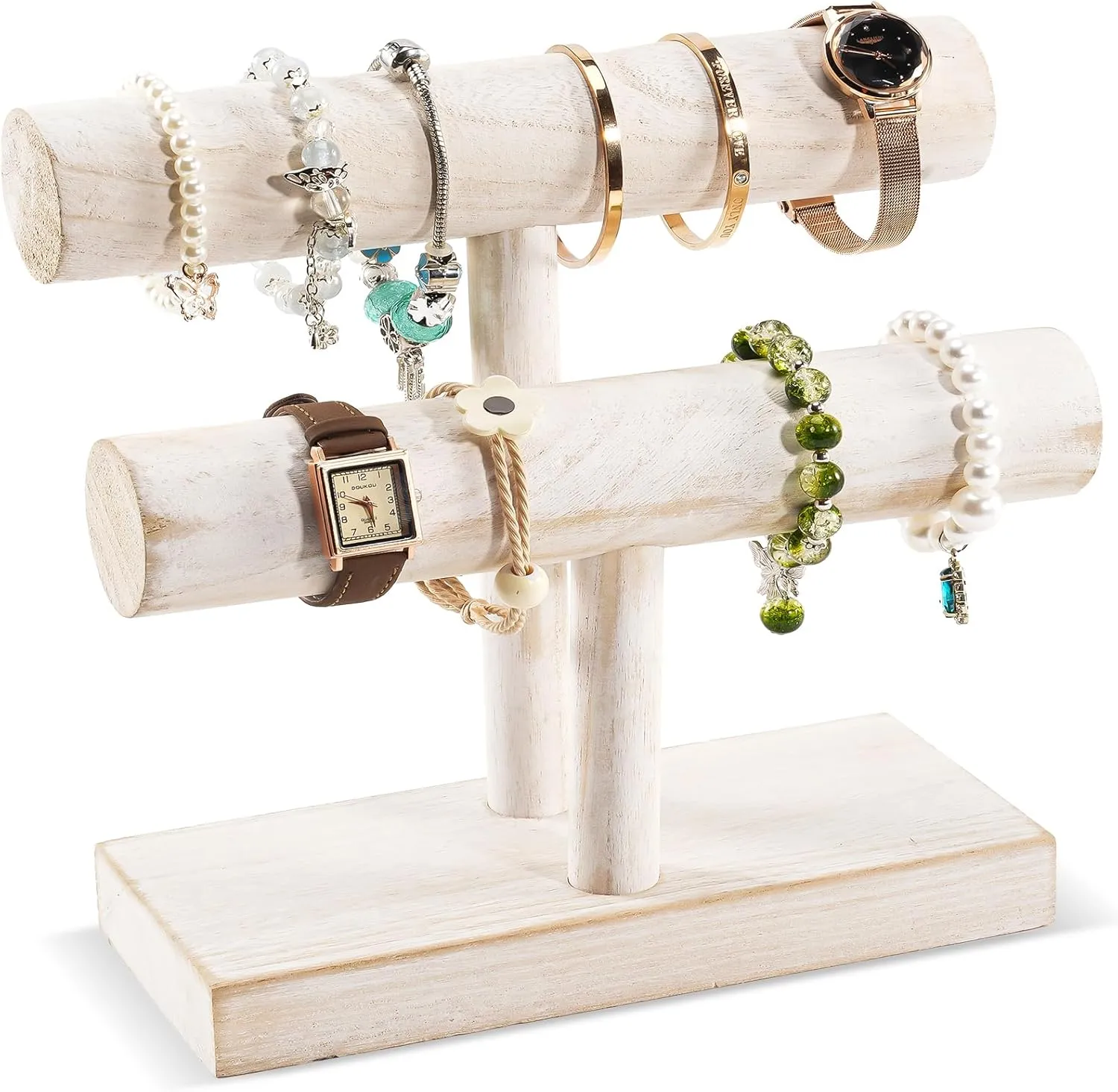 ProCase Bracelet Holder Display Bracelet Organizer, Wooden Bracelet Stand for Selling, T-bar Bangle Storage Rack Wood Watch Display Tower for Business - 2 Tier, White
