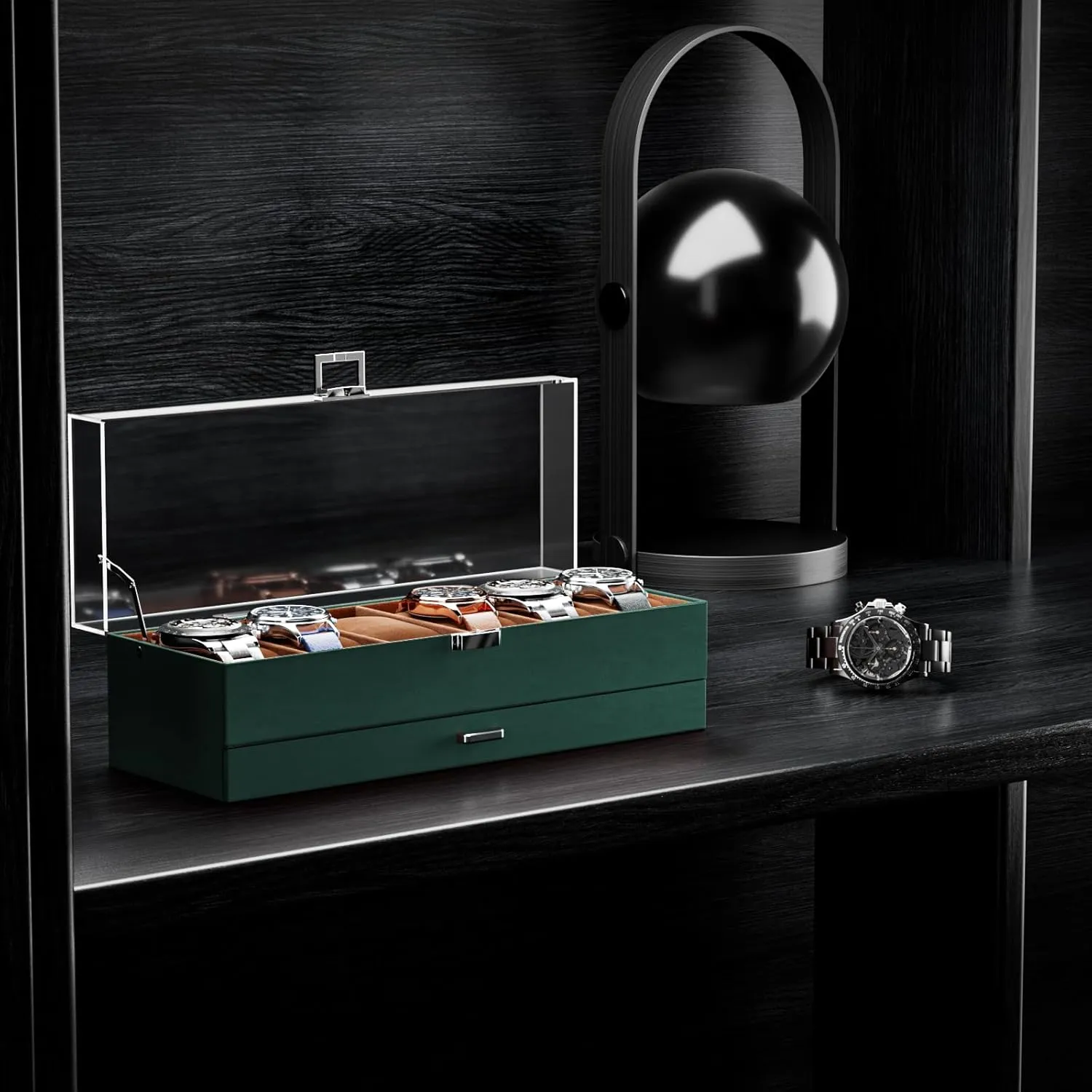 ProCase Men's Watch Display Case, 6-Slot Acrylic Lid Organizer, 2-Layer Jewelry & Watch Storage - Midnight Green