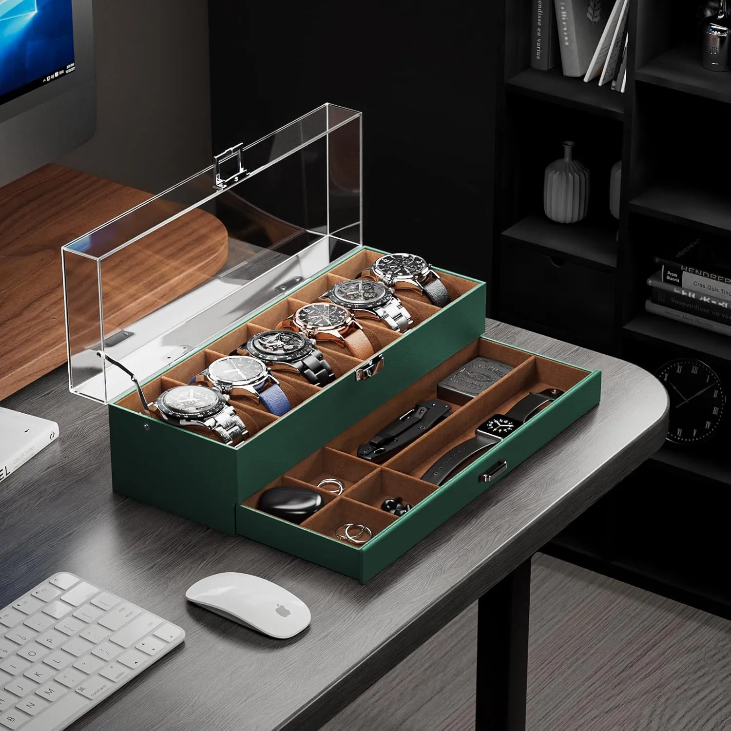 ProCase Men's Watch Display Case, 6-Slot Acrylic Lid Organizer, 2-Layer Jewelry & Watch Storage - Midnight Green