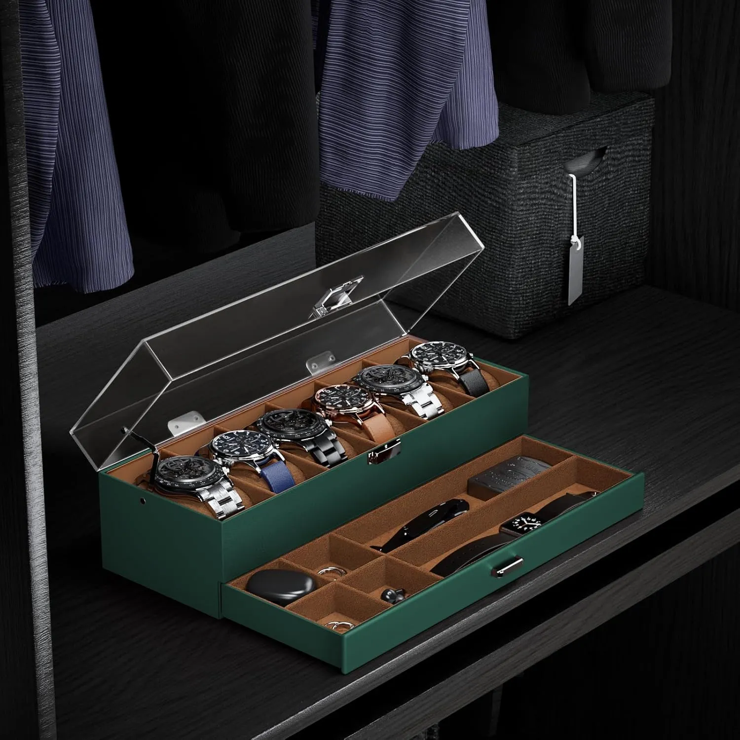 ProCase Men's Watch Display Case, 6-Slot Acrylic Lid Organizer, 2-Layer Jewelry & Watch Storage - Midnight Green