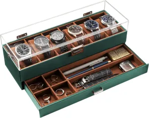 ProCase Men's Watch Display Case, 6-Slot Acrylic Lid Organizer, 2-Layer Jewelry & Watch Storage - Midnight Green