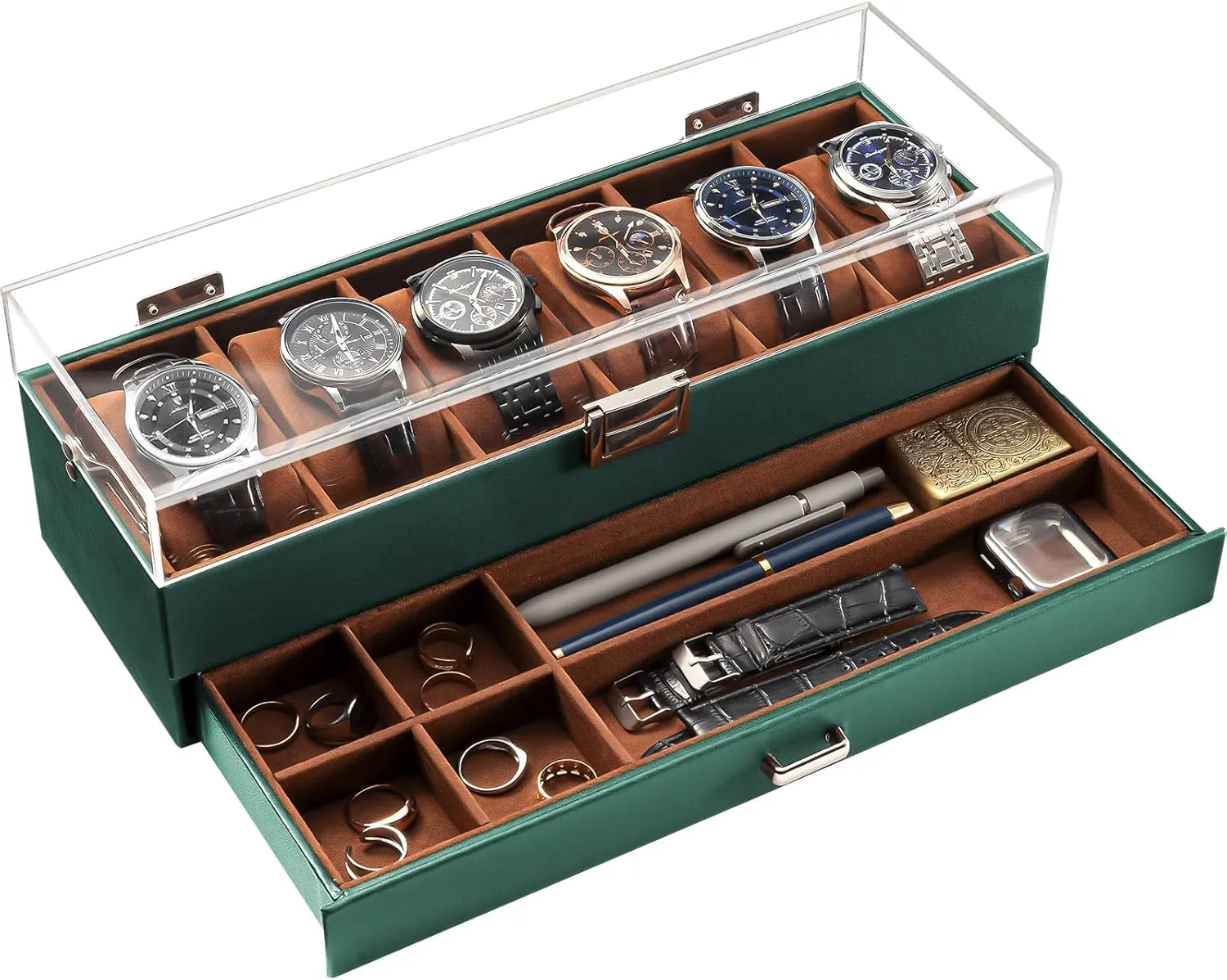 ProCase Men's Watch Display Case, 6-Slot Acrylic Lid Organizer, 2-Layer Jewelry & Watch Storage - Midnight Green