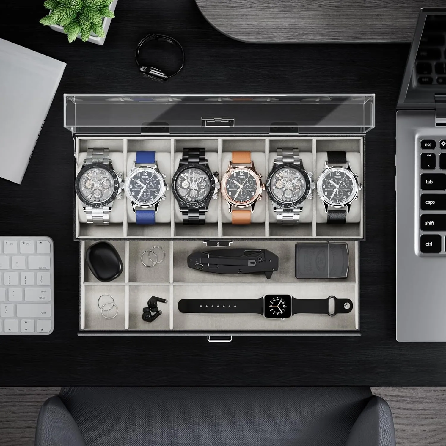 ProCase Watch Case for Men, 6 Slot Watch Display Case With Clear Acrylic Lid, Mens Watch Box Organizer With Drawer, 2-Layer Jewelry and Watch Storage Holder for Men Women -6 Slot, Black