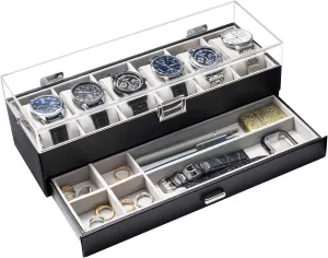 ProCase Watch Case for Men, 6 Slot Watch Display Case With Clear Acrylic Lid, Mens Watch Box Organizer With Drawer, 2-Layer Jewelry and Watch Storage Holder for Men Women -6 Slot, Black