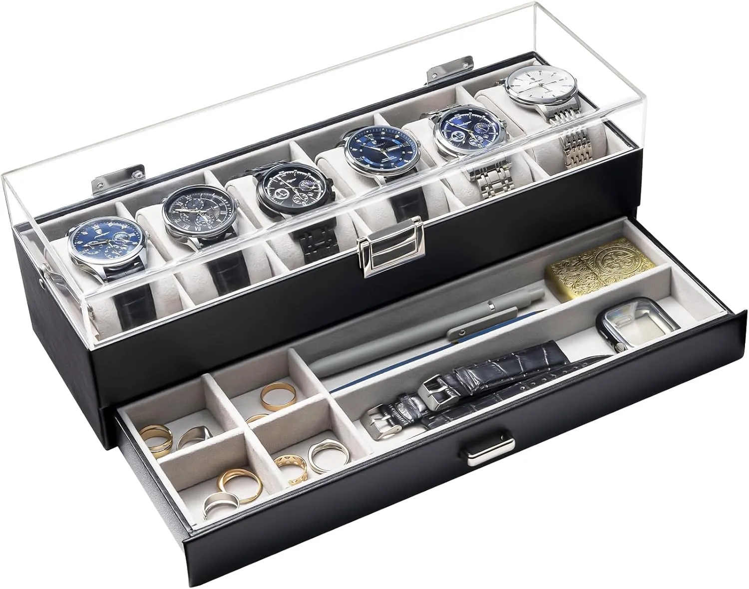 ProCase Watch Case for Men, 6 Slot Watch Display Case With Clear Acrylic Lid, Mens Watch Box Organizer With Drawer, 2-Layer Jewelry and Watch Storage Holder for Men Women -6 Slot, Black