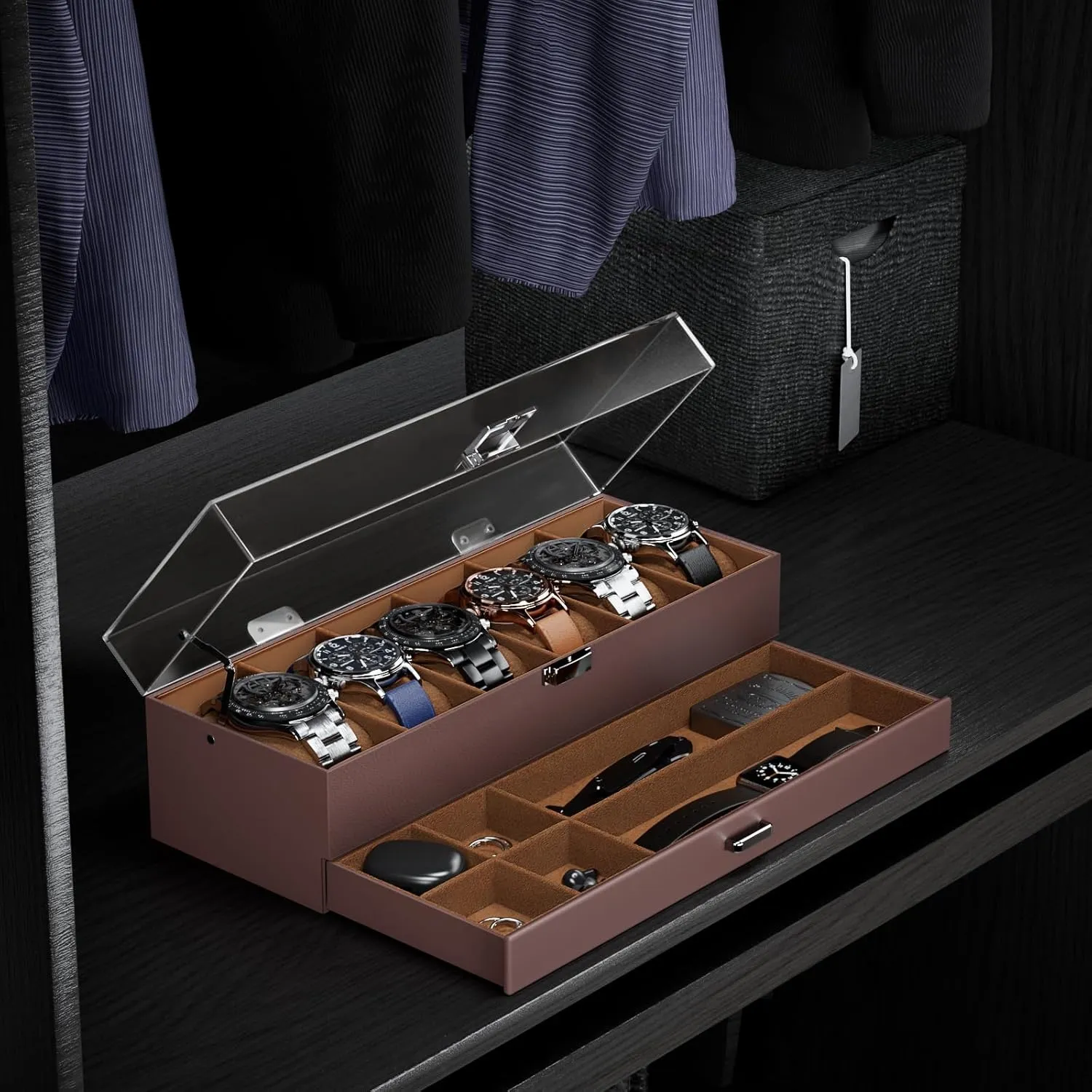 ProCase Watch Case for Men, 6 Slot Watch Display Case With Clear Acrylic Lid, Mens Watch Box Organizer With Drawer, 2-Layer Jewelry and Watch Storage Holder Gift for Men Women -6 Slot, Espresso